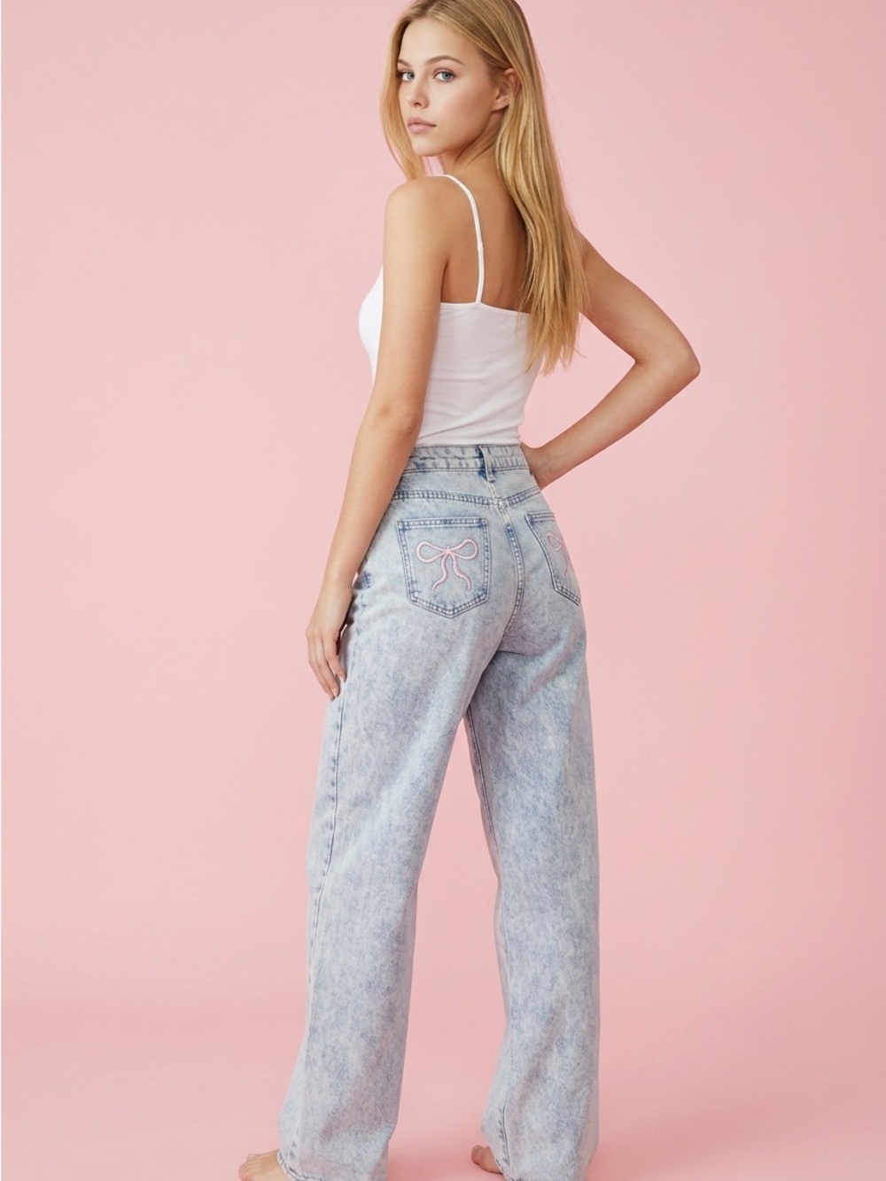 SHEIN Light Blue Acid-Wash Wide Leg Jeans with Pink Embroidered Bow